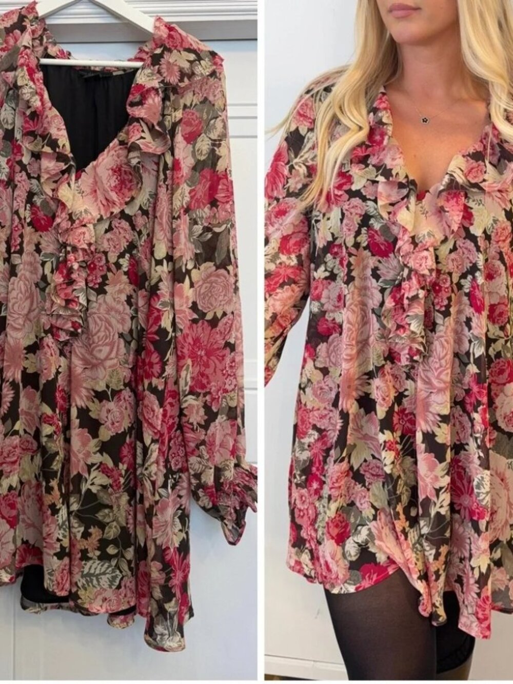 House of Harlow 1960 Chiffon Boho Mini Dress Floral Long Sleeve Ruffle Size L